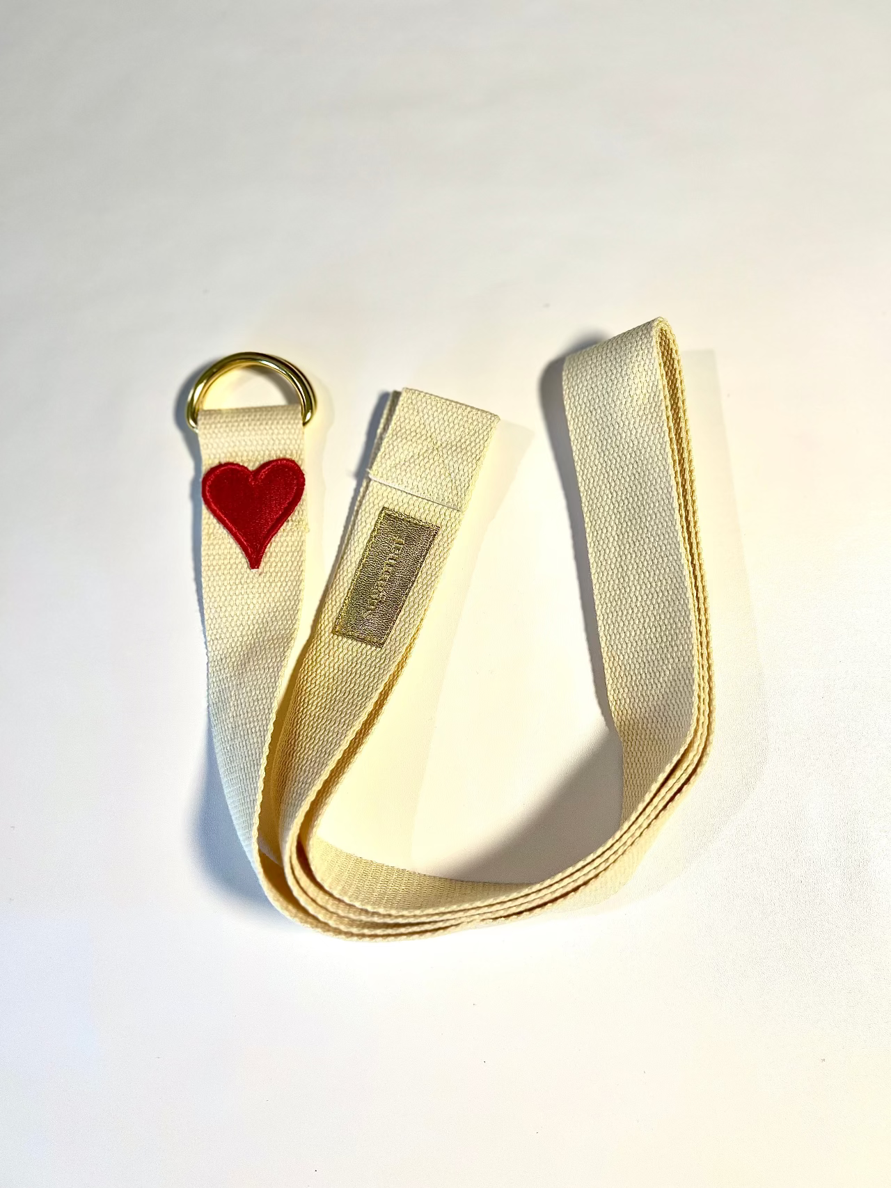 Beige dog leash with a red heart charm on a white background