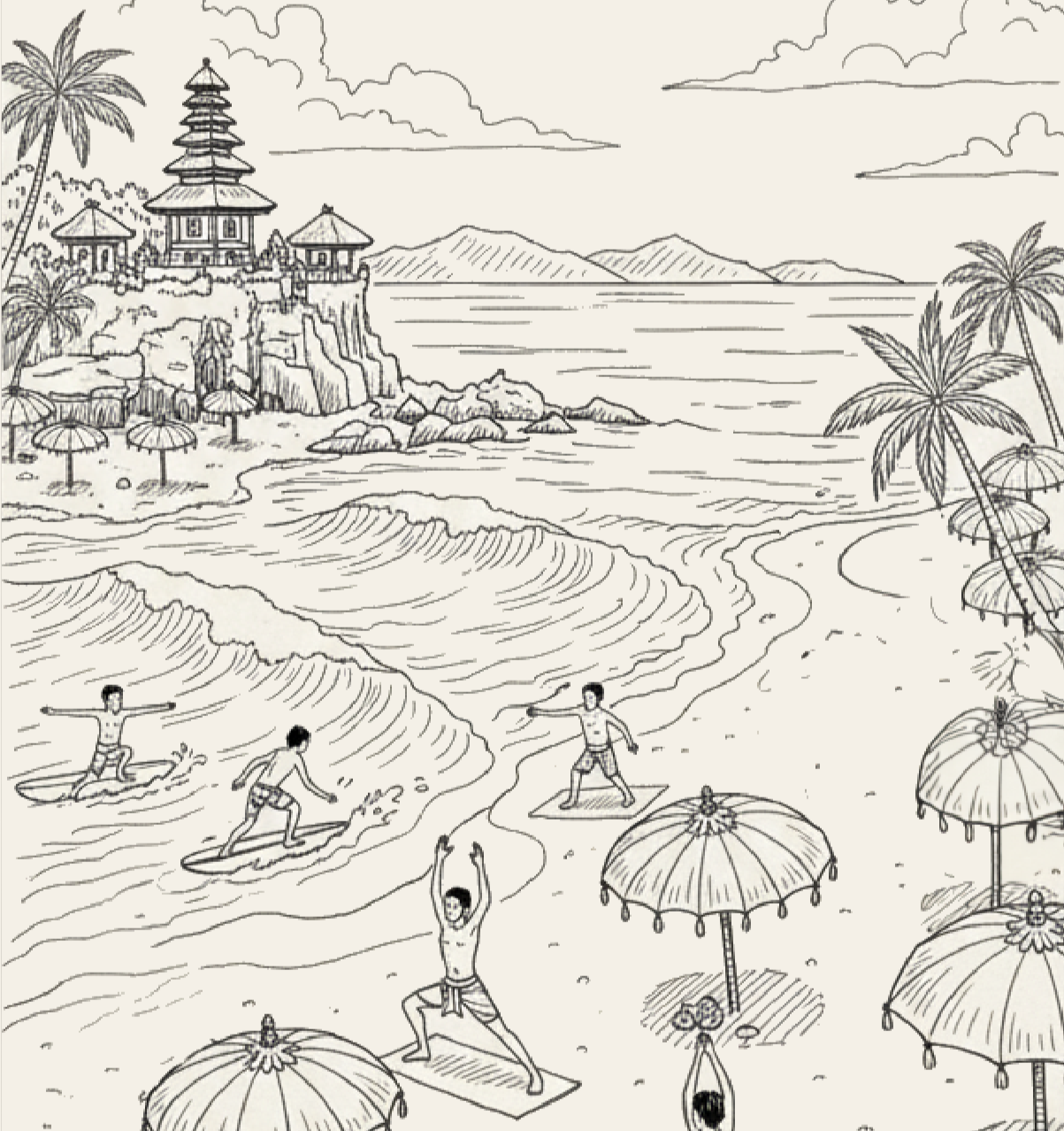 Illustration of a beach scene with people engaging in various activities, including surfing and yoga, with palm trees and a traditional building in the background.
