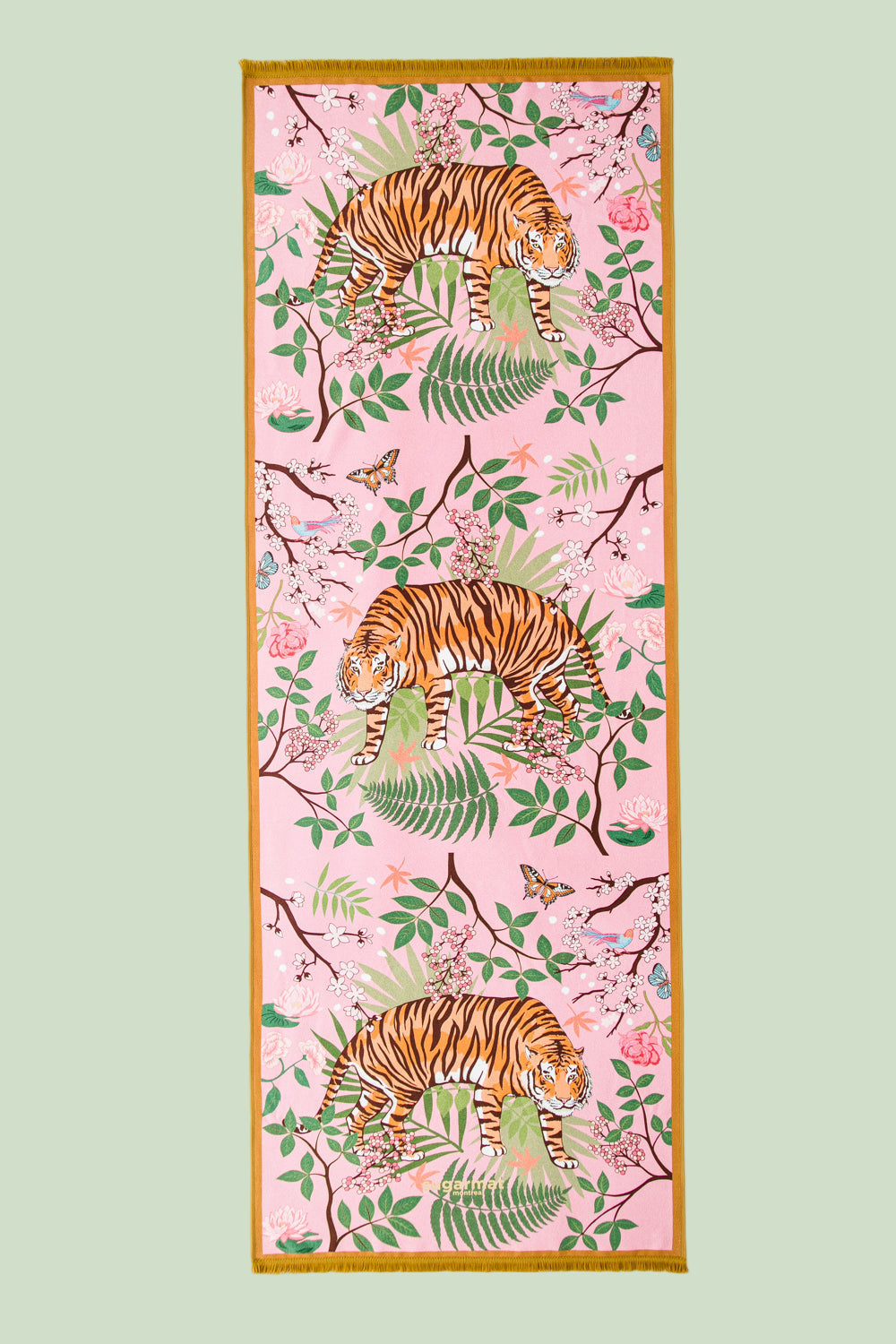Decorative panel with tiger and floral design on a pink background