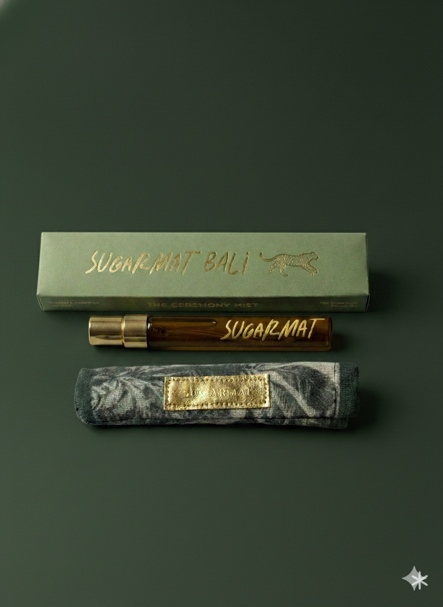 a bottle of "SUGAR MAT Bali" perfume, along with its packaging and a small rolled-up cloth.