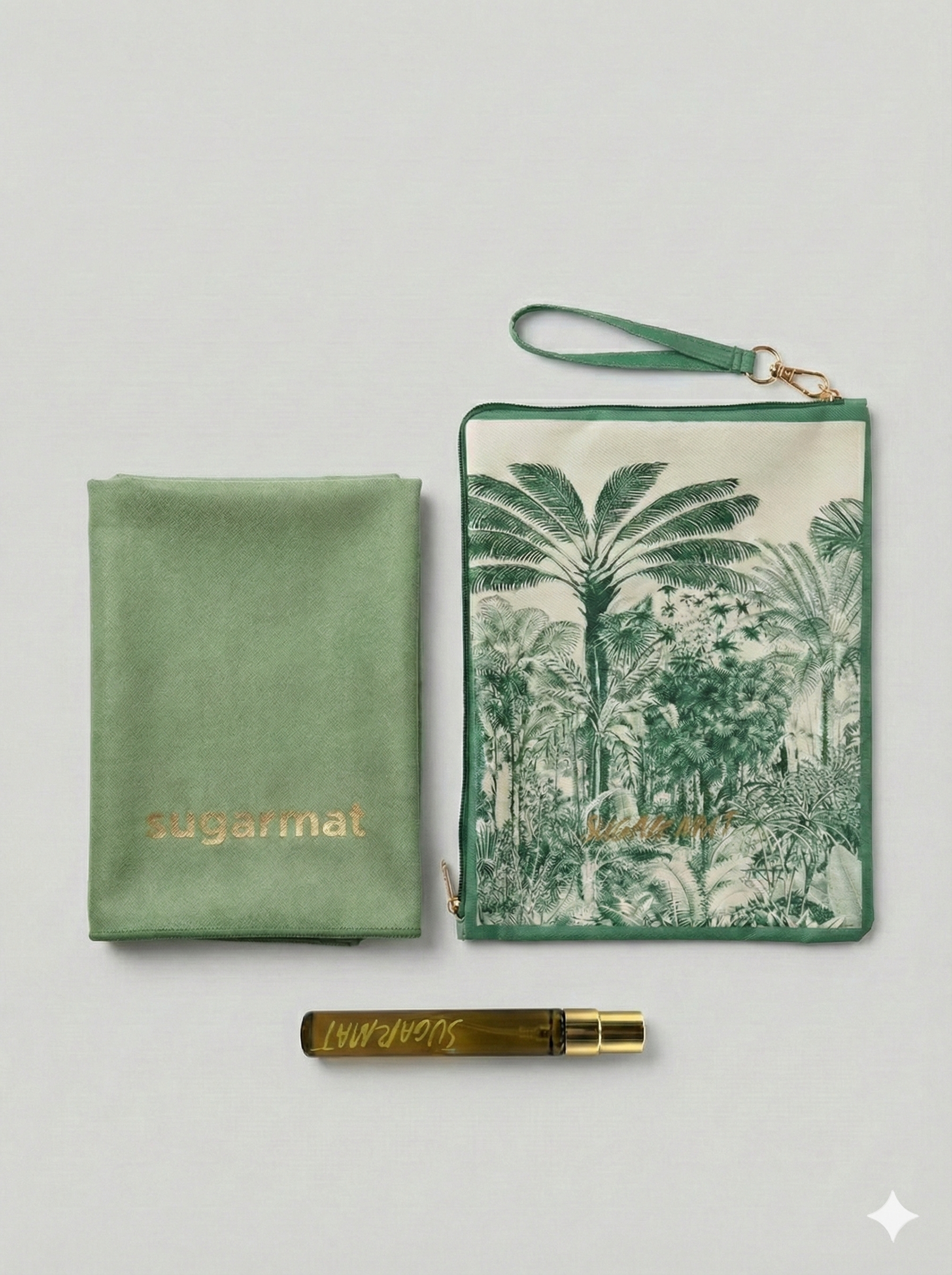 a green handbag with a palm tree design, a green towel with the word "sugarnat" printed on it, and a small bottle of "sugarnat" fragrance.