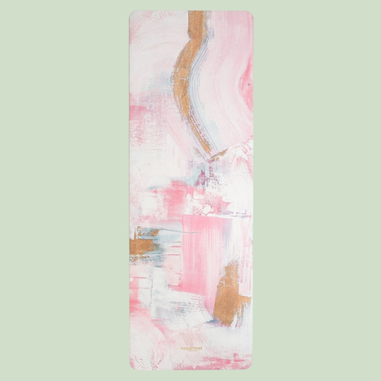 A PU yoga mat with a geometric brushstroke print in pink, white, and beige tones.