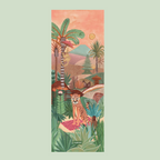 A yoga mat with a painted design featuring a landscape with palm trees, a sun, and a stylized tiger.