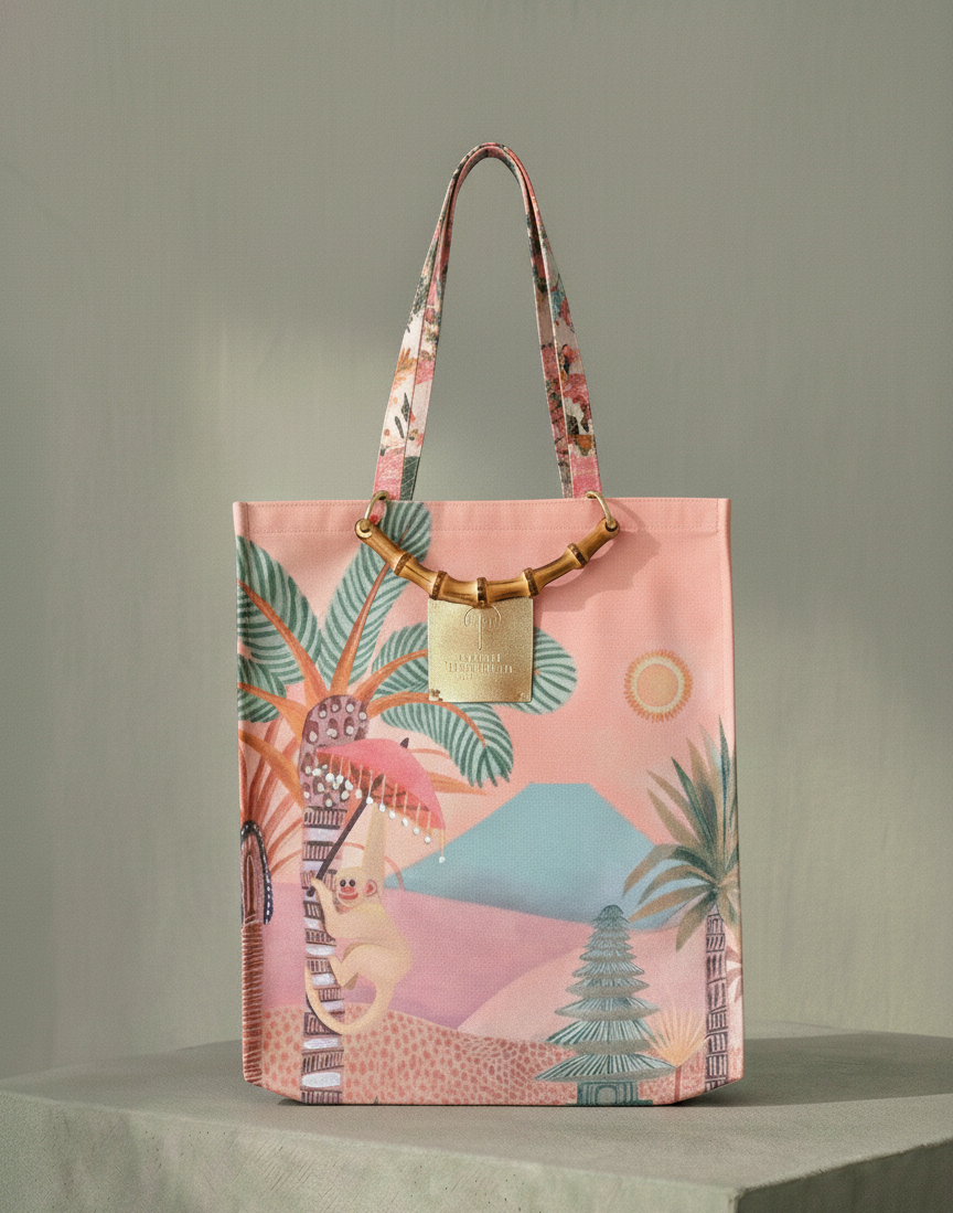 Tote bag with tropical design on a gray background