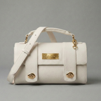 White handbag with gold accents on a gray background