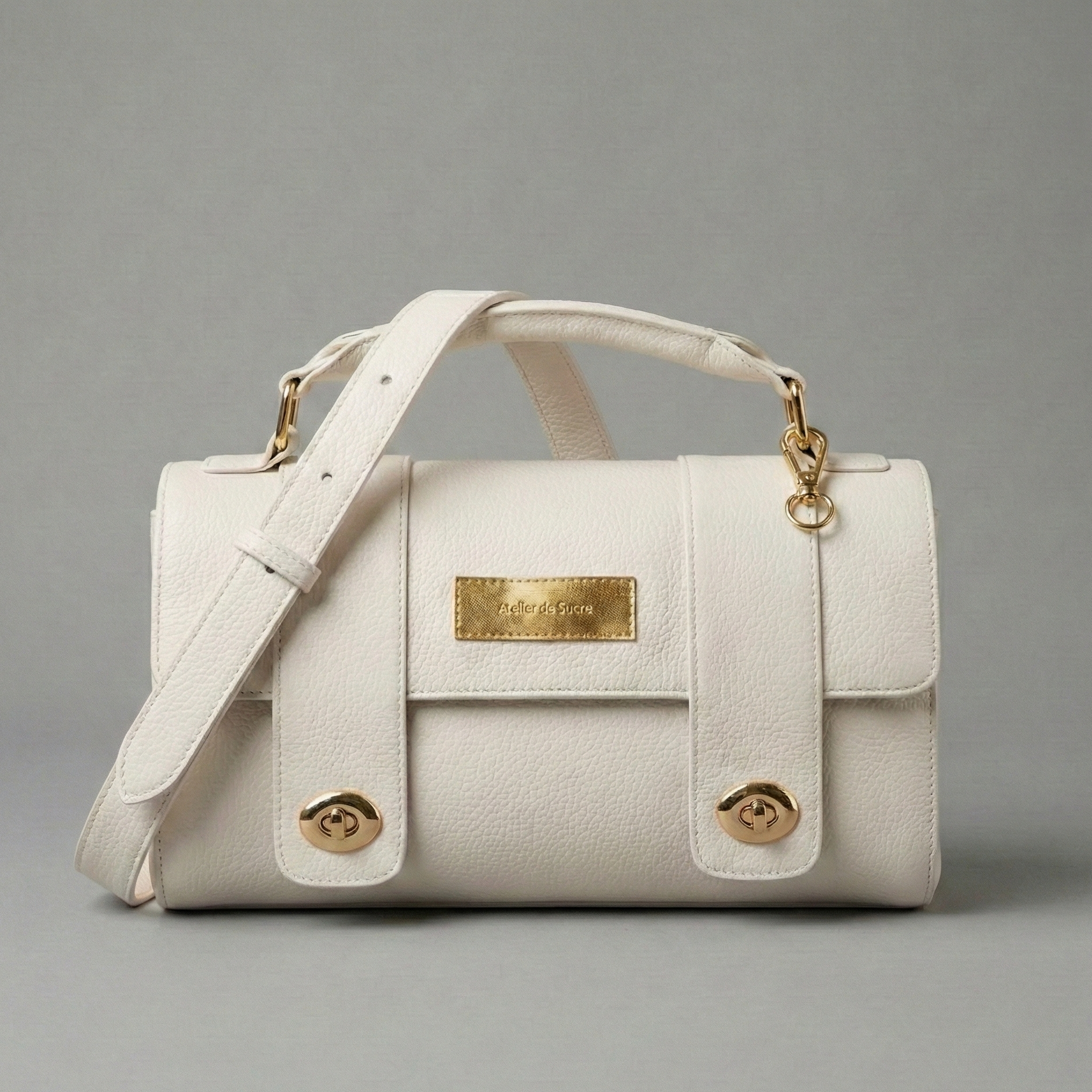 White handbag with gold accents on a gray background