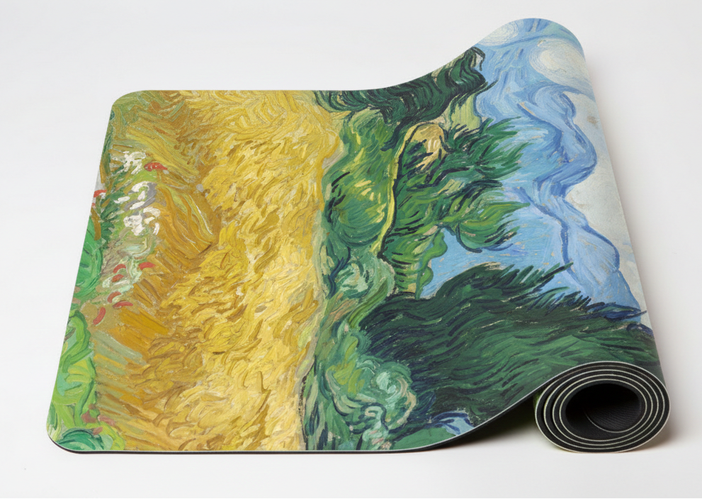Yoga mat with Van Gogh 'The Sower' design on a white background