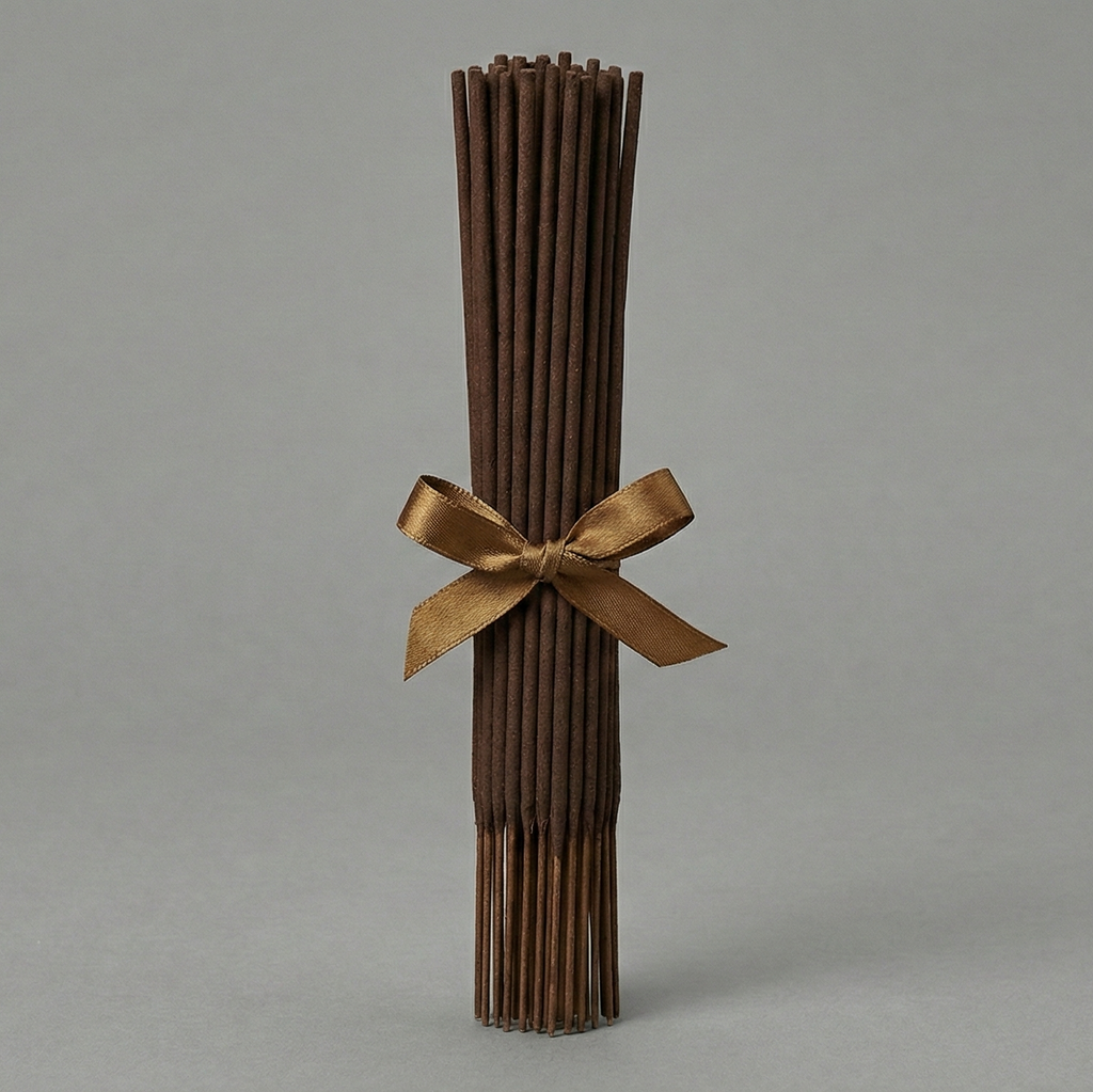 Bouquet of dried brown sticks tied with a gold ribbon on a gray background