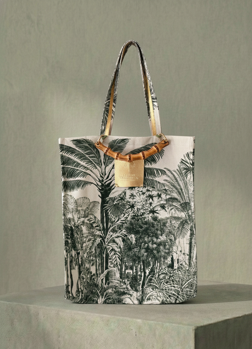 Tote bag with palm tree design on a neutral background