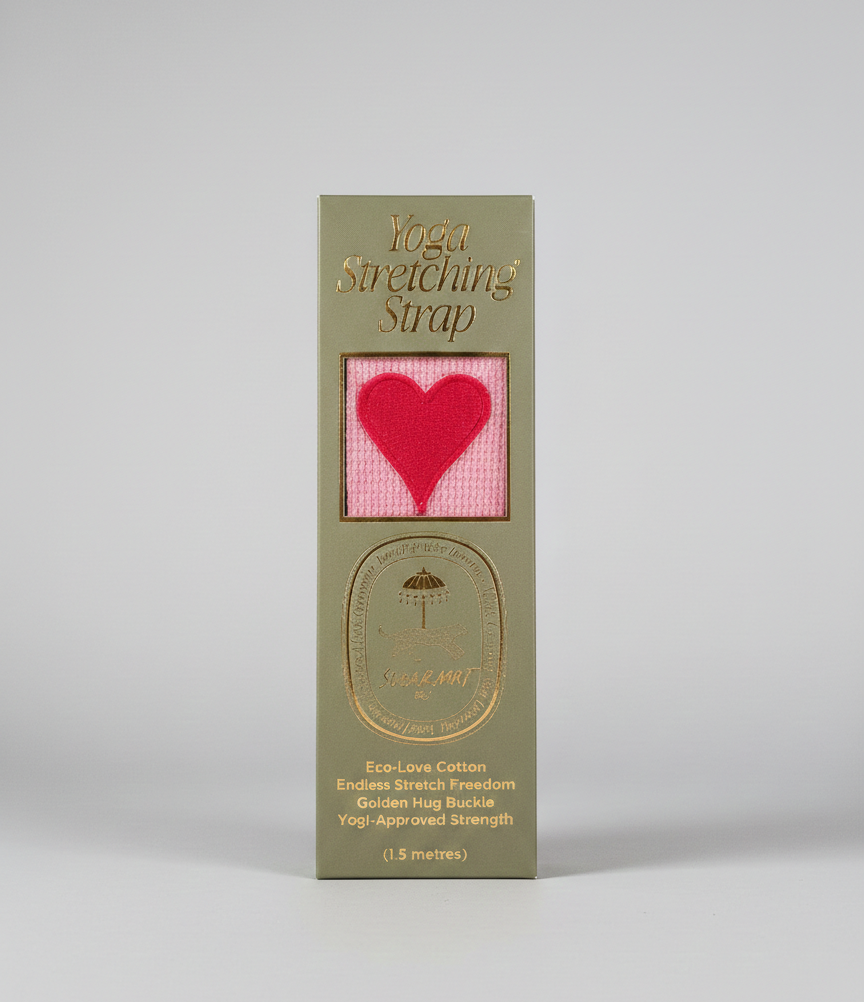 Yoga stretching strap packaging with a heart design on a gray background