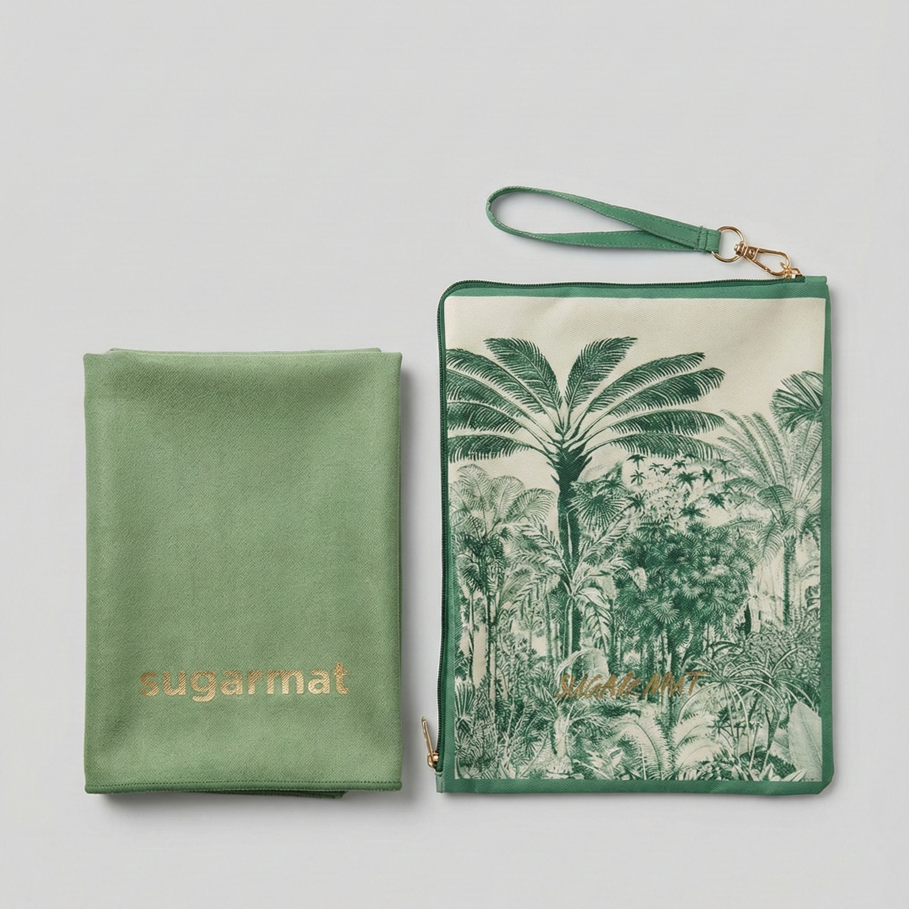 Green pouch with 'sugarmat' branding and palm tree design on a light gray background