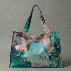 Tote bag with colorful design and 'SUGAR MAT' branding on a gray background