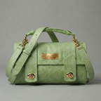 Green handbag with gold accents on a gray background