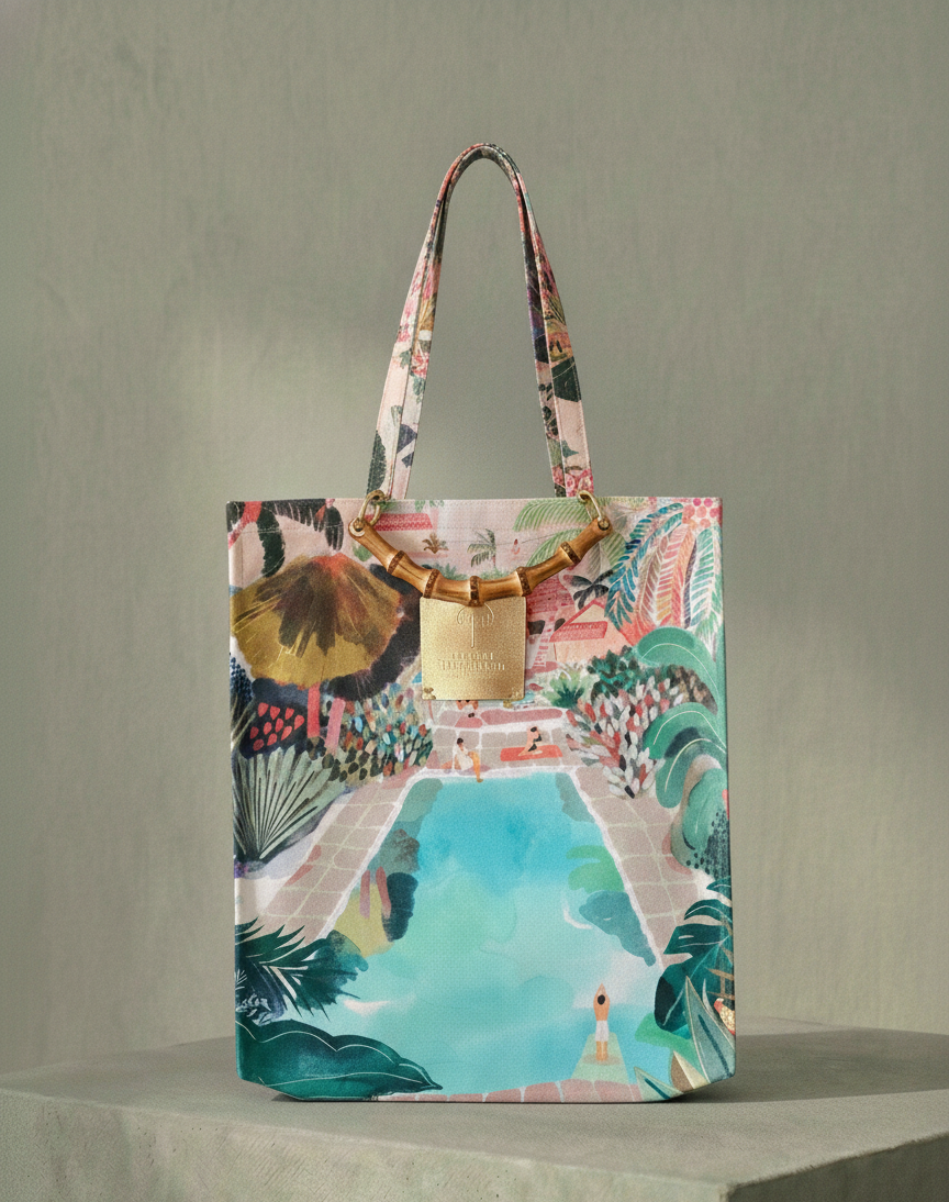 Colorful tote bag with artistic design on a gray background