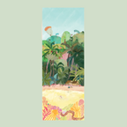 A yoga mat featuring an illustrated design with lush greenery, a beach, and a setting sun.