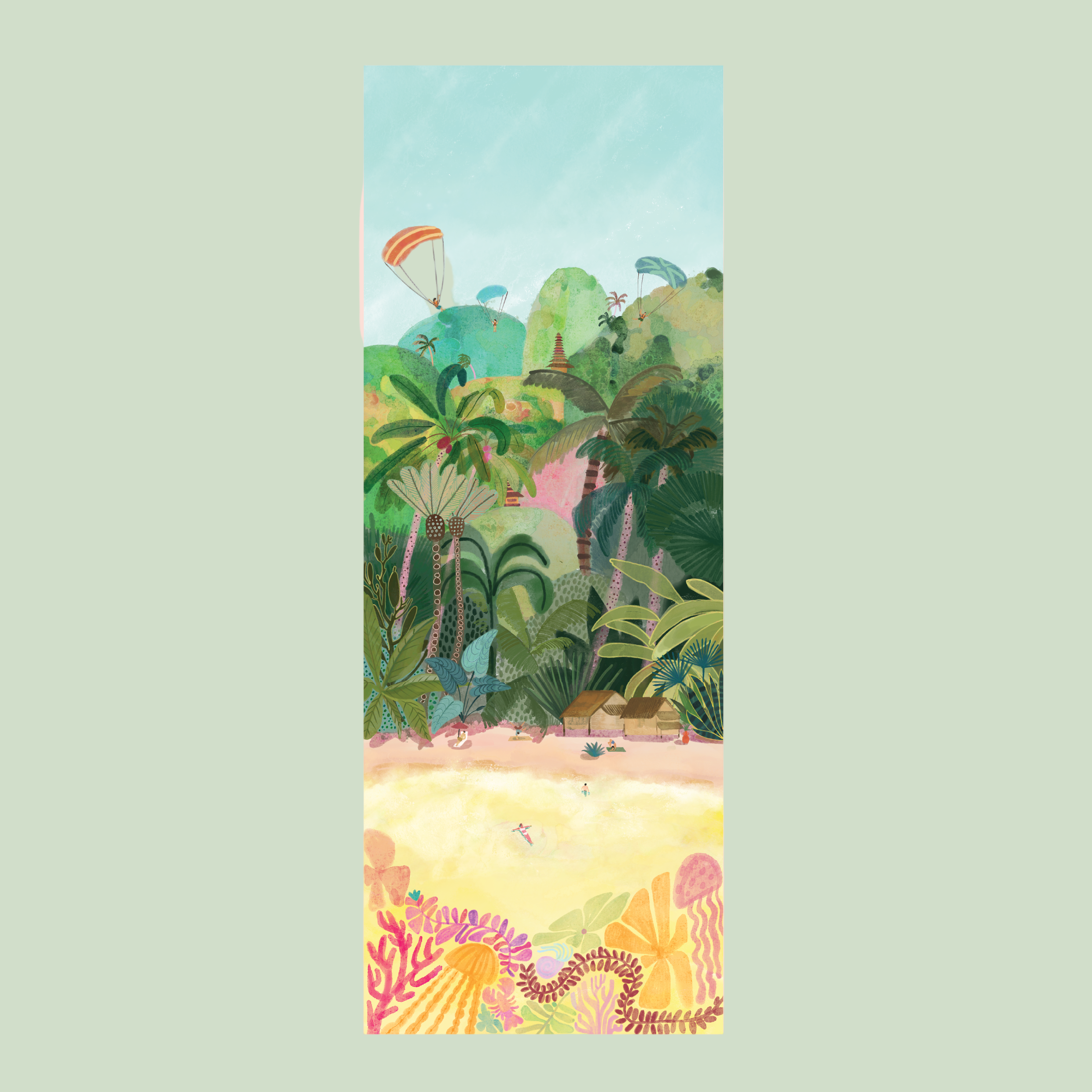 A yoga mat featuring an illustrated design with lush greenery, a beach, and a setting sun.