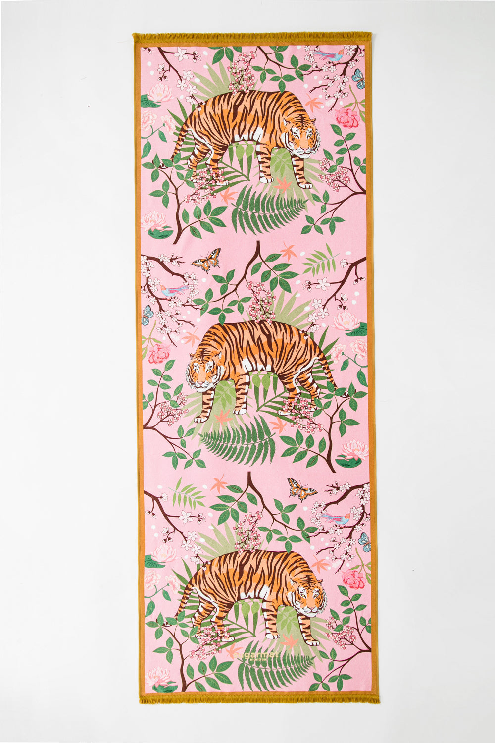 Decorative panel with tiger and floral design on a pink background