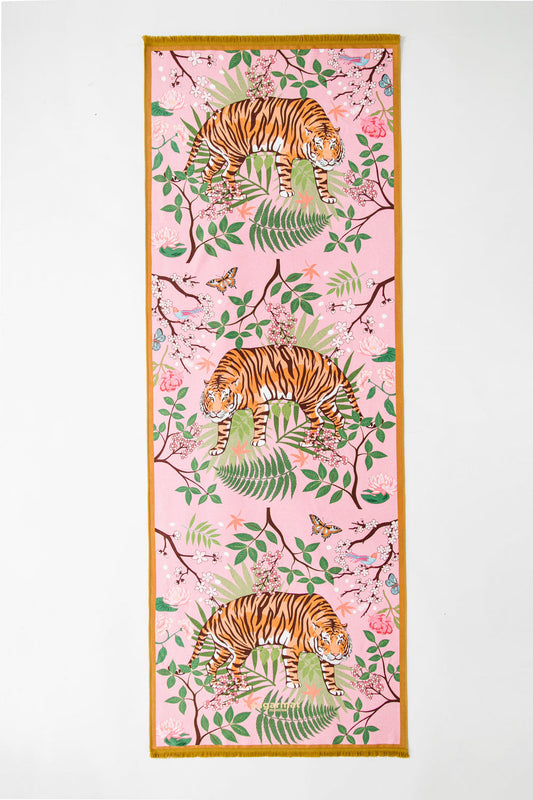 Decorative panel with tiger and floral design on a pink background
