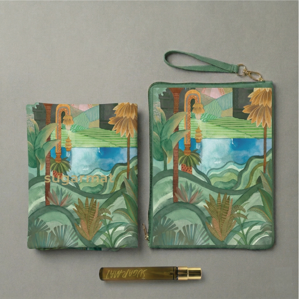 Two green pouches with a tropical design on a gray background