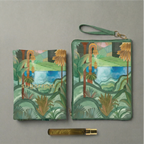Two green pouches with a tropical design on a gray background
