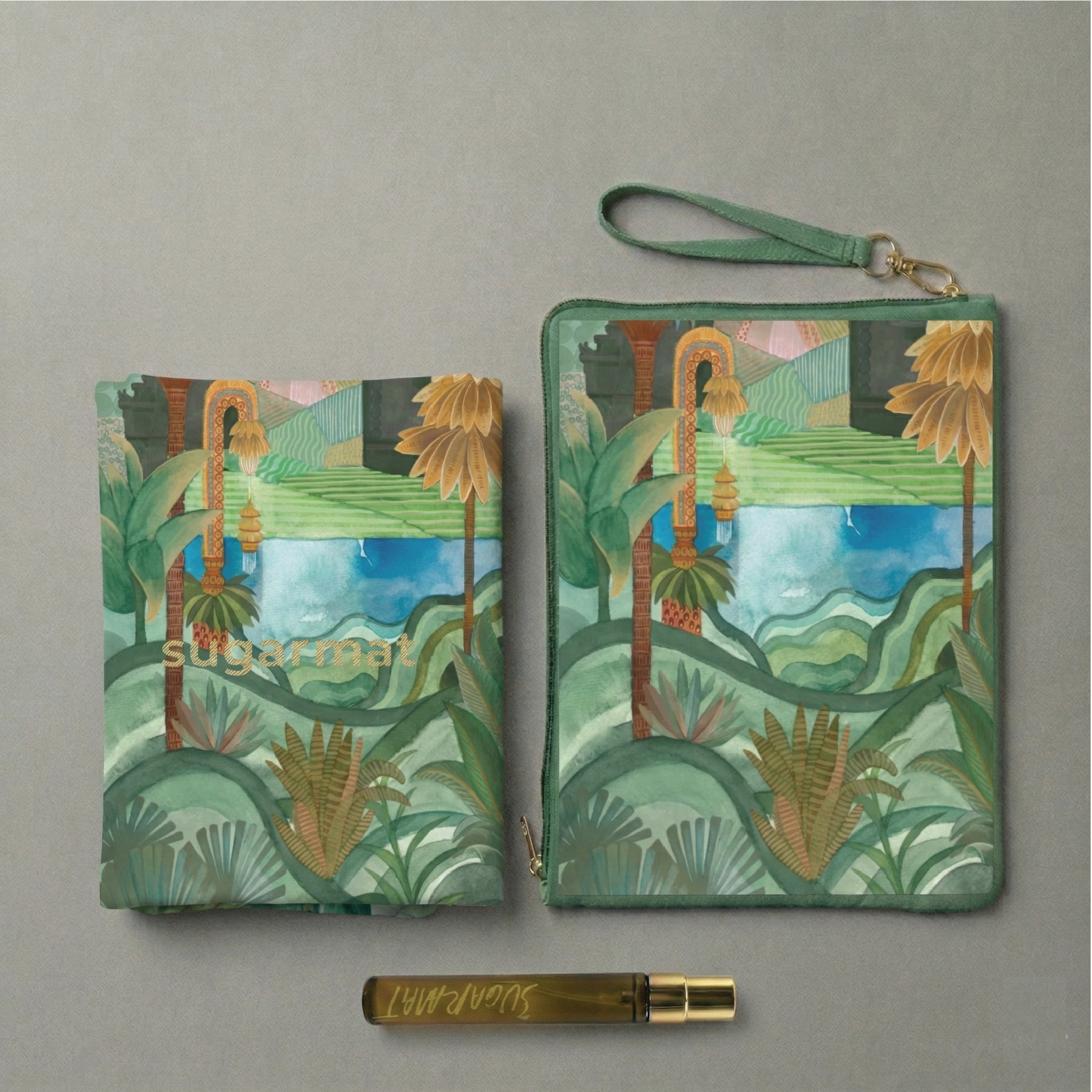 Two green pouches with a tropical design on a gray background