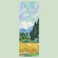 Yoga mat with a design of a landscape featuring a yellow field, cypress trees, and blue sky.
